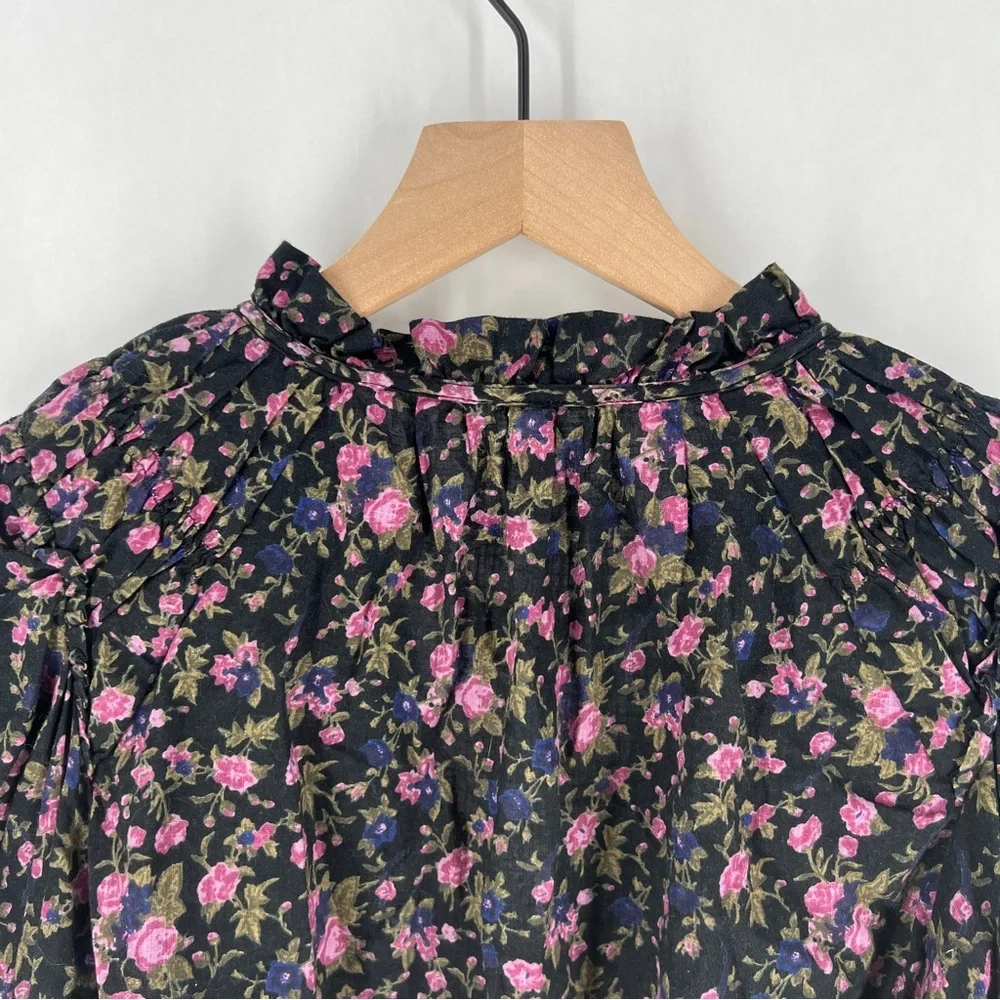 Free People Meant To Be Black Floral Print‎ Full Mutton Sleeve Peasant Blouse M